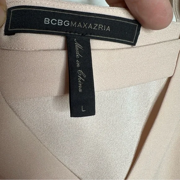 BCBGMAXAZRIA Tina Bare Pink Woven Exposed Shoulder Subtle balloon sleeve top Lg - Picture 8 of 9